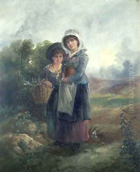 Two country girls carrying flowers Oil Painting by John Barkin