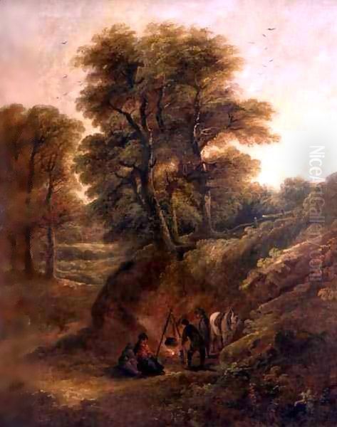 Wooded Landscape with Gypsies Round a Fire Oil Painting by Joseph Barker