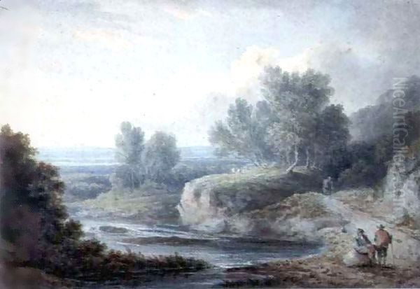 River Scene with Figures Oil Painting by Thomas Barker of Bath