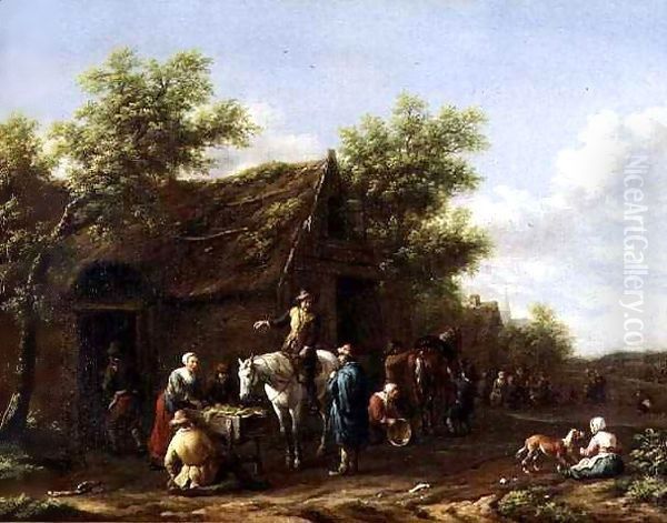 Travellers resting their horses by a barn Oil Painting by Barend Gael or Gaal