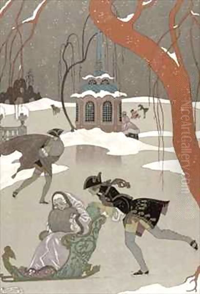 Ice Skating on the Frozen Lake Oil Painting by Georges Barbier