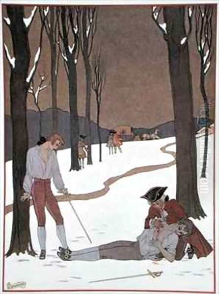 The Duel between Valmont and Danceny Oil Painting by Georges Barbier