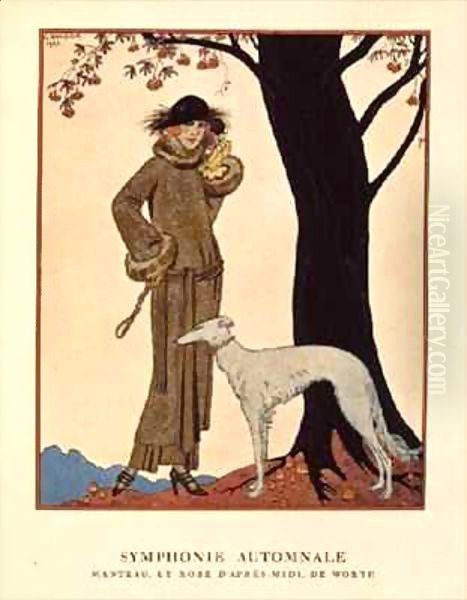 Autumnal Symphony, afternoon coat and dress by Worth Oil Painting by Georges Barbier