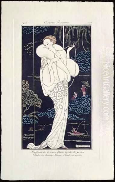 Wep.896 White Velvet Mantle Embellished with Pearls Oil Painting by Georges Barbier