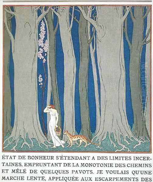 Woman followed by a Leopard Oil Painting by Georges Barbier