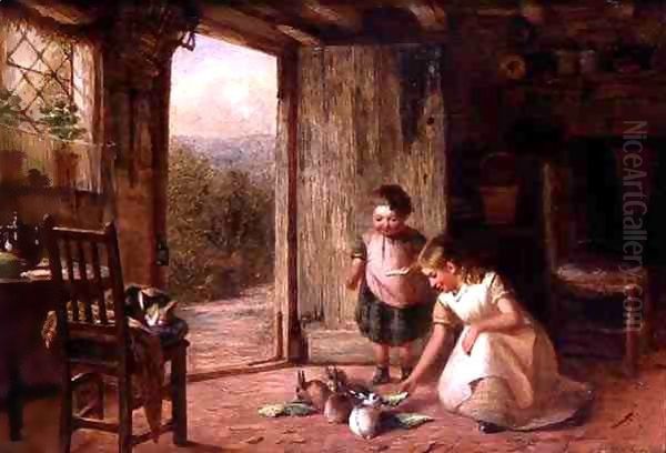 Children Feeding Rabbits Oil Painting by Joseph Moseley Barber