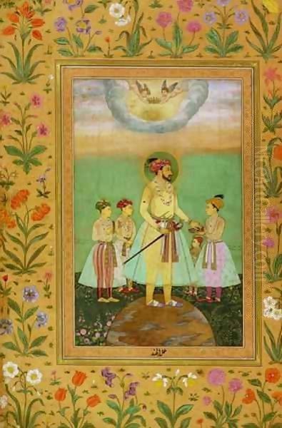 Shah Jahan (1592-1666) Stands on a Large Globe Surrounded by his Four Children Oil Painting by Balchand