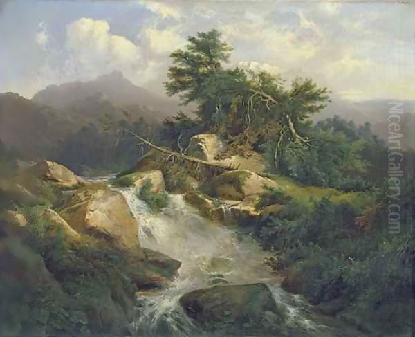 Forest Landscape with Waterfall Oil Painting by Julius Bakof