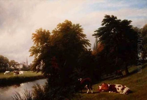 Cattle Grazing by a River Oil Painting by Thomas Baker