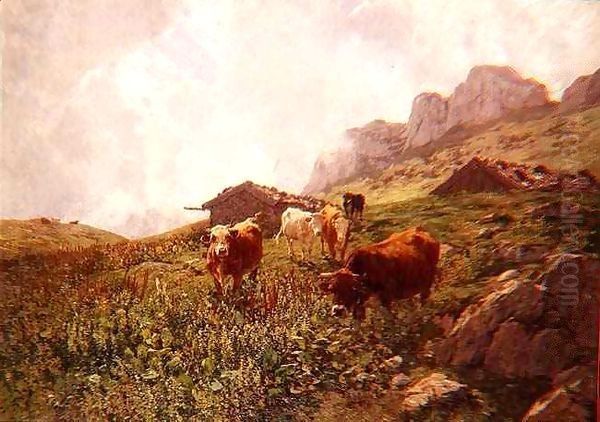 Cattle in an Alpine Landscape Oil Painting by Hermann Baisch