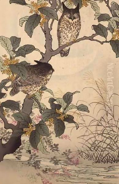 Two owls in a tree from Bunrei Kacho Gafu by Kono Bairei Oil Painting by Kono Bairei