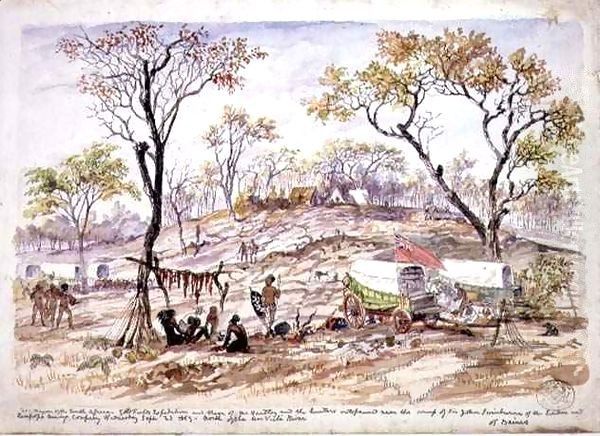 Wagon of the South African Goldfields Expedition and those of Mr Hartley outspanned near the camp of Sir John Swinburne of the London and Limpopo Mining Company Oil Painting by Thomas Baines