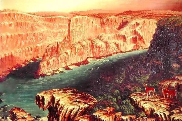 Gorge below Victoria Falls in the Lower Zambezi with Antelope Oil Painting by Thomas Baines