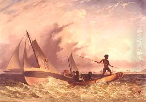 The Messenger's Long Boat and a native canoe, Goulburn Islands Oil Painting by Thomas Baines