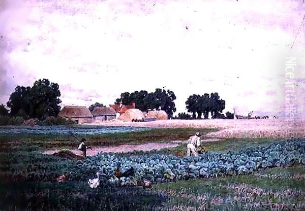 Cabbage Field and Farm Oil Painting by Henry Bailey