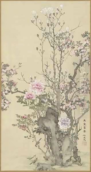 Bird and Flowers, Edo period Oil Painting by Yamamoto Baiitsu