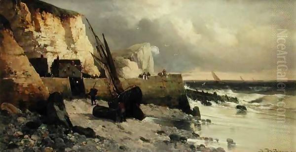 Fishing Off a Breakwater Oil Painting by Jules G Bahieu