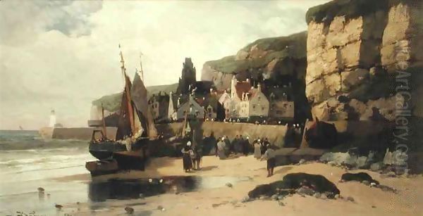 Fishing Village, Normandy Oil Painting by Jules G Bahieu