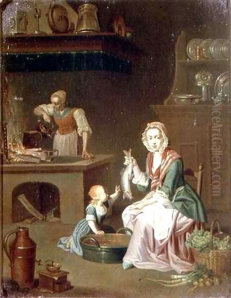 Kitchen interior with a woman showing a fish to a child and a servant by a stove Oil Painting by Johann Daniel Bager