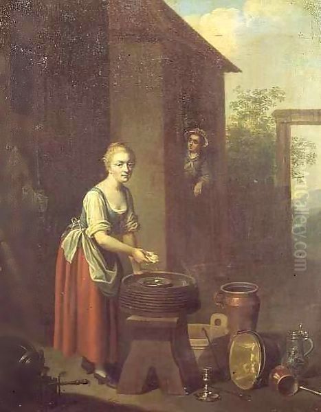 A maid washing dishes in a yard Oil Painting by Johann Daniel Bager