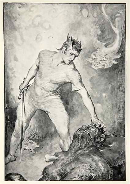 Beowulf shears off the head of Grendel Oil Painting by John Henry Frederick Bacon