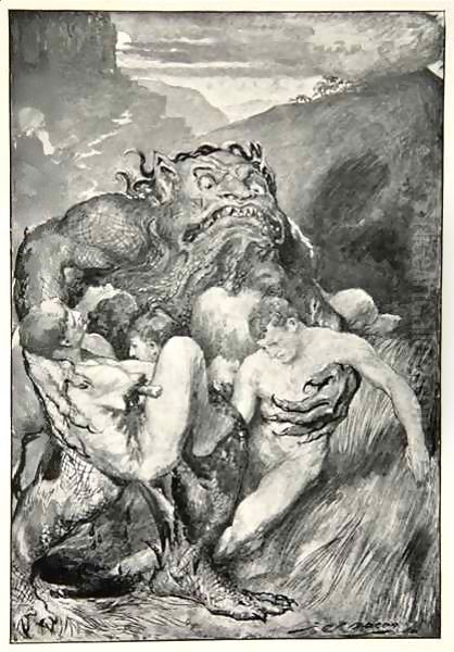 The Daemon of evil, with his fierce ravening, greedily grasped them Oil Painting by John Henry Frederick Bacon