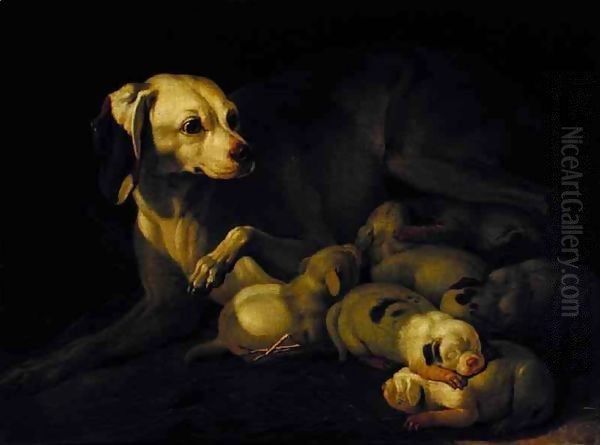 The Bitch Hound Nursing her Puppies Oil Painting by Jean Jacques Bachelier