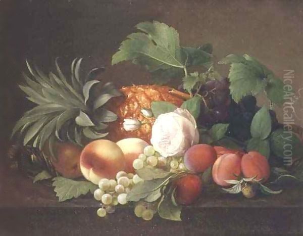 Still life with pineapple, peaches, plums and grapes Oil Painting by Alfrida Vilhelmine Ludovica Baadsgaard