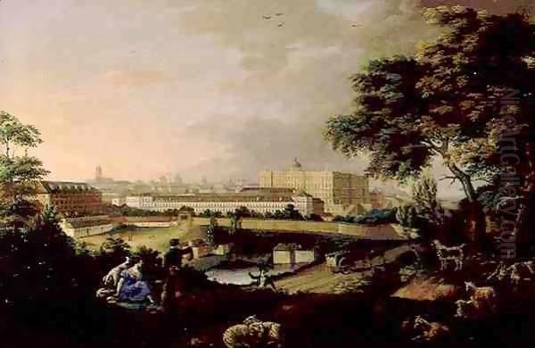 View of the Royal Palace in Madrid from the Principe Pio Mountain Oil Painting by Jose Maria Avrial Y Flores