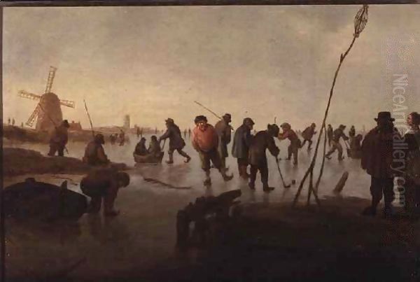 Figures skating on Frozen Waterway Oil Painting by Barent Avercamp