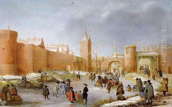 Skaters and Kolf Players Outside the City Walls of Kampen Oil Painting by Barent Avercamp