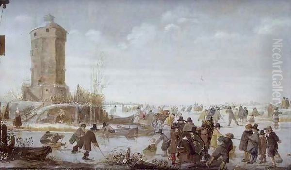 Skaters and elegant figures with horse-drawn sleighs on a frozen river by a tower Oil Painting by Barent Avercamp