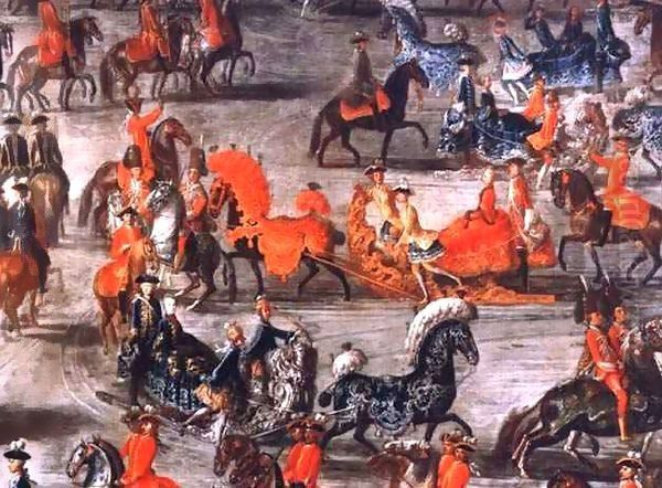 The Imperial Sleigh Ride on the occasion of the marriage of Emperor Joseph II of Austria to his 2nd wife Maria Josepha von Bayern: detail of the sleighs Oil Painting by J.C. & Purgau, F.M.A. Auerbach