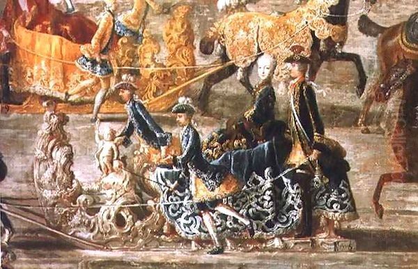 The Imperial Sleigh Ride on the occasion of the marriage of Emperor Joseph II of Austria to his 2nd wife Maria Josepha von Bayern: detail of a sleigh Oil Painting by J.C. & Purgau, F.M.A. Auerbach