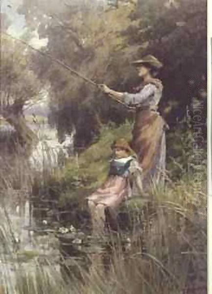 Fishing Oil Painting by Georgina M. de l' Aubiniere