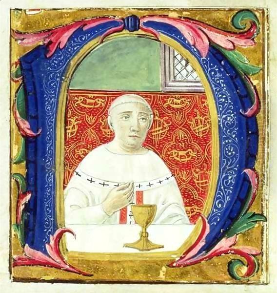 Historiated initial 'N' depicting a Pope (Leon X?) performing a mass Oil Painting by Gabriello di Vanti di Bartolo Attavante di