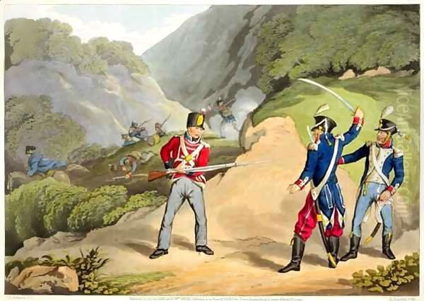 A British Soldier Taking Two French Officers at the Battle of the Pyrenees Oil Painting by John Augustus Atkinson