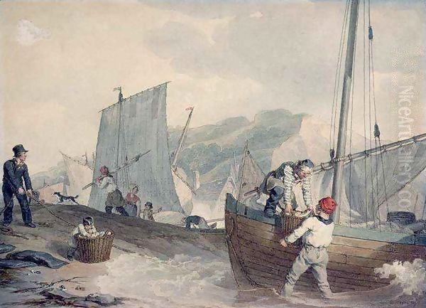 Fishing Boats Unloading Oil Painting by John Augustus Atkinson