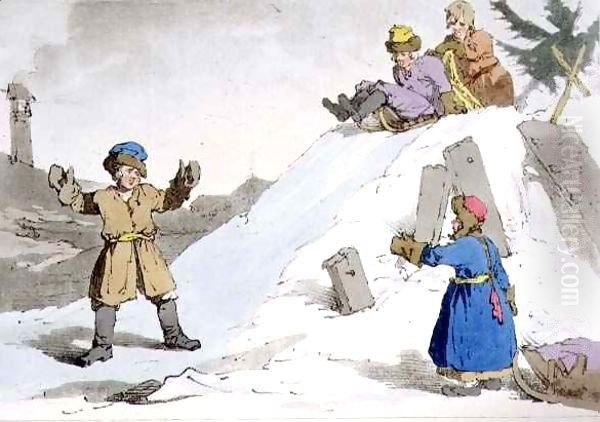 Children Going Down an Ice Hill Oil Painting by John Augustus Atkinson