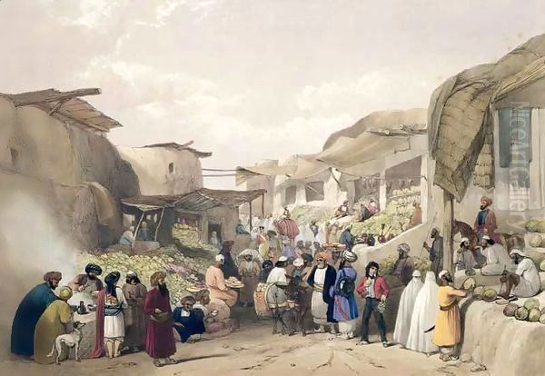 The Main Street in the Bazaar at Caubul, in the Fruit Season, from 'Sketches in Afghau Oil Painting by James Atkinson