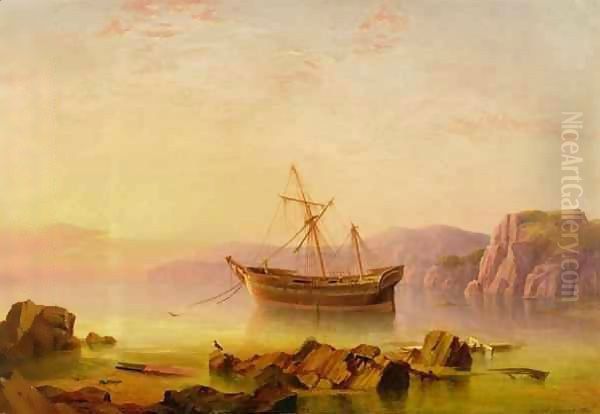 A ship at anchor in a bay at sunset Oil Painting by George Mounsey Wheatley Atkinson