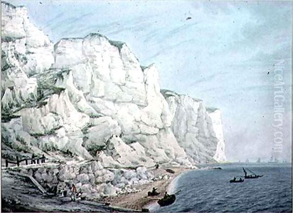 Study of Cliffs Sailing Vessels in the Offing and Small Boats with Figures near Shore Oil Painting by Samuel Atkins