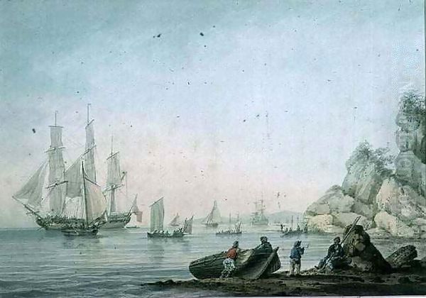 Marine View, with boat and figures on a shore Oil Painting by Samuel Atkins