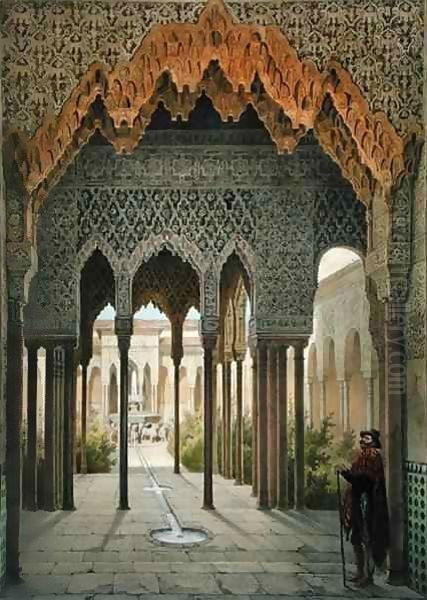 The Court of the Lions, the Alhambra, Granada Oil Painting by Leon Auguste Asselineau