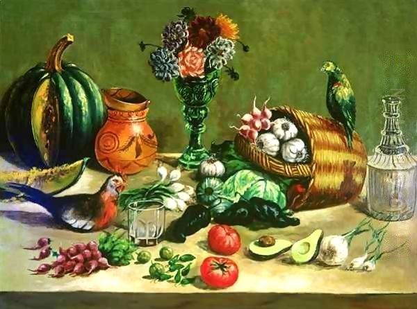 Still life with Pigeon, Parakeet and Vegetables Oil Painting by Jose Agustin Arrieta