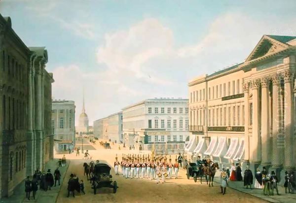 The Police Bridge and Nevsky avenue in St. Petersburg Oil Painting by Louis Jules Arnout