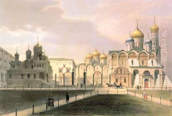 View of the Cathedrals in the Moscow Kremlin Oil Painting by Louis Jules Arnout