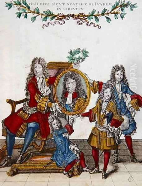 The French Royal Family holding a portrait of Louis XIV Oil Painting by Nicolas Arnoult