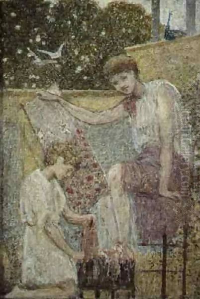 Girl holding embroidery One of three sketches for the decoration of Bank Hall, near Chapel-on-le-Frith, Derbyshire Oil Painting by Thomas Armstrong