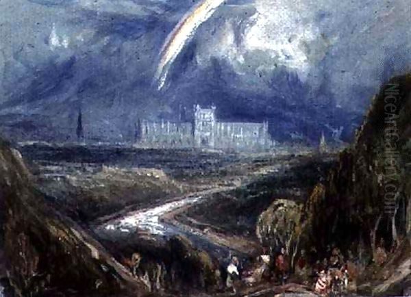 View from a hillside of a distant city and cathedral, (probably Exeter), with a river in the foreground Oil Painting by Francis Abel William Taylor Armstrong